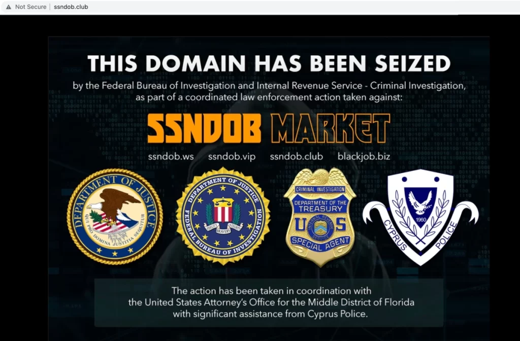 The FBI’s seizure notice on SSNDOB shortly after the site was taken down by federal authorities. Image Credits: TechCrunch (screenshot)


